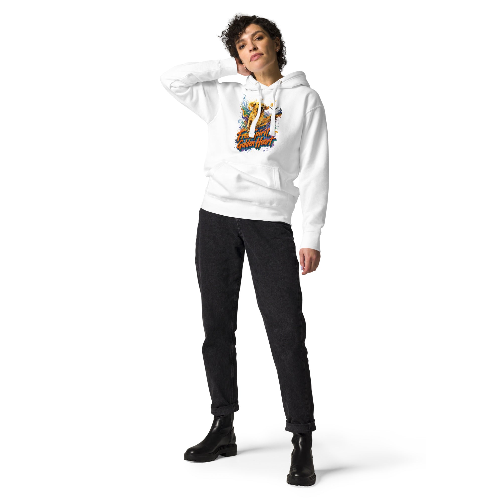 Golden Retriever Lovers Unisex Premium Pullover Hoodie — "Free Spirit, Golden Heart" Running Dog and Mountain Explorer Design by printfluence.net