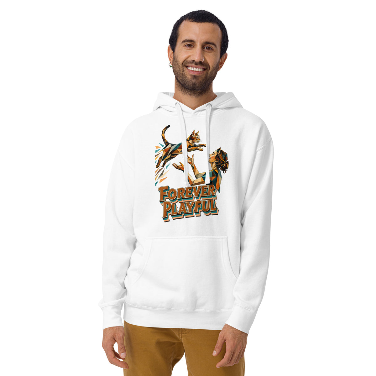 Cat Lovers Unisex Premium Pullover Hoodie – Forever Playful Geometric Cat Art Design by printfluence.net