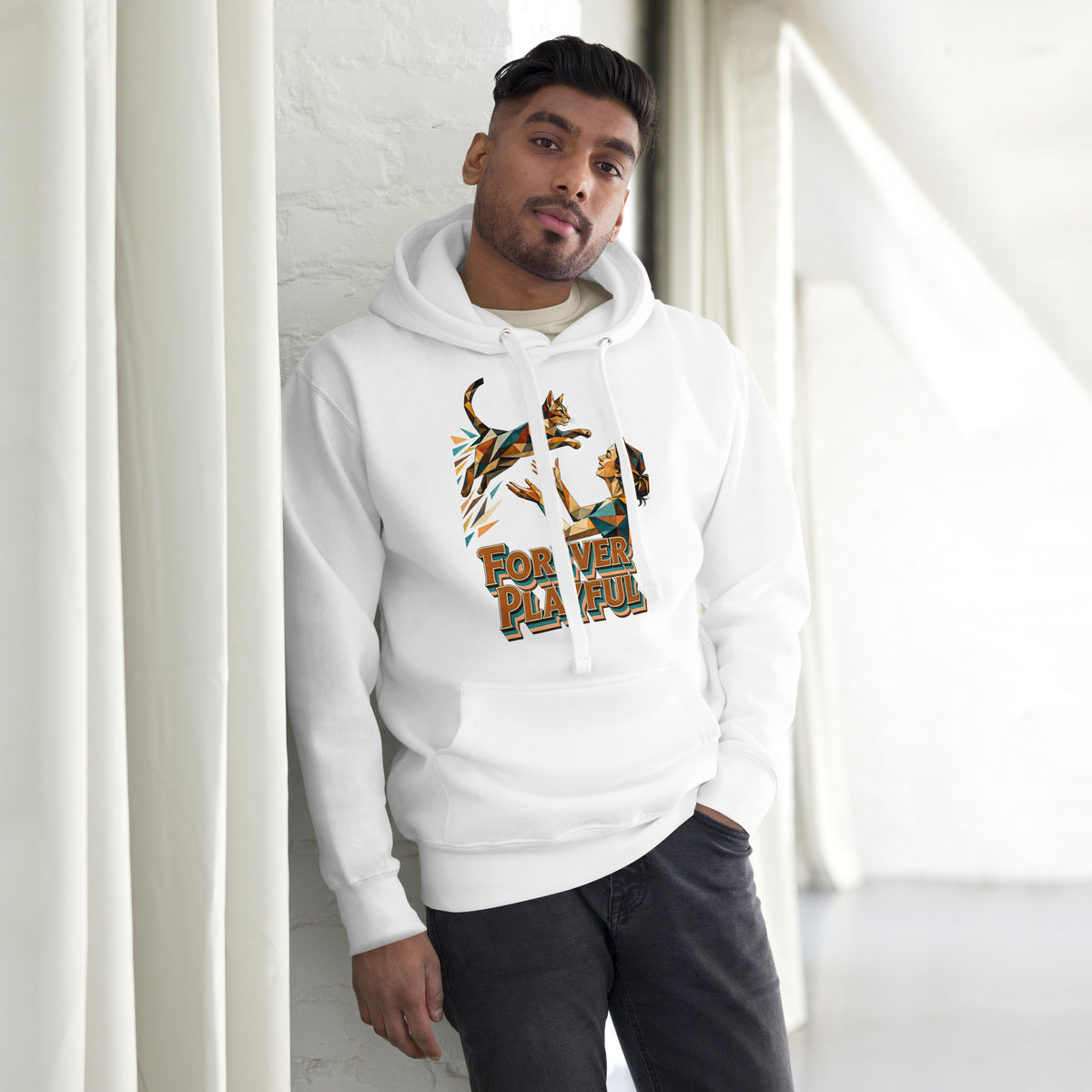 Cat Lovers Unisex Premium Pullover Hoodie – Forever Playful Geometric Cat Art Design by printfluence.net