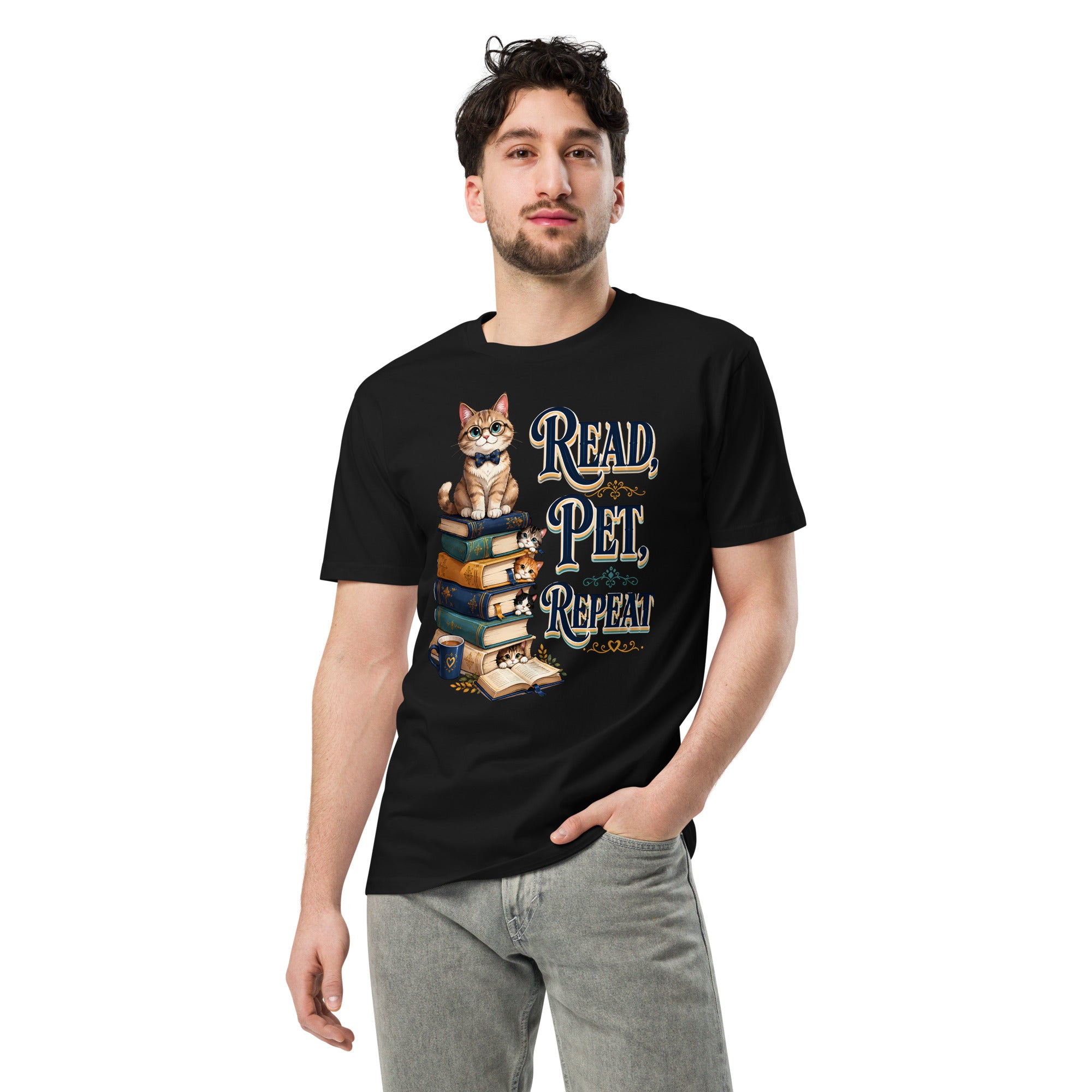 Unisex premium t-shirt - Elite Read Pet Repeat Cat - Premium Luxury Retro Bookworm Design by printfluence.net