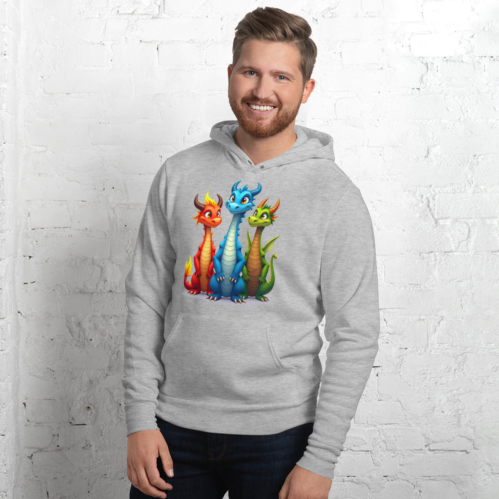 Unisex hoodie - Cute Dino Trio Hoodie – Smiling Blue Red Green Dinosaurs Photo Pose Sweatshirt by printfluence.net