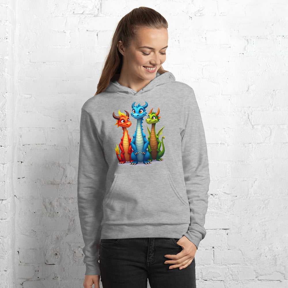Unisex hoodie - Cute Dino Trio Hoodie – Smiling Blue Red Green Dinosaurs Photo Pose Sweatshirt by printfluence.net