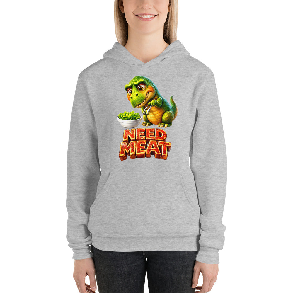 Unisex hoodie - The Hungry Dino: "Need Meat" Funny Unisex Pullover Hoodie 🦖🔥 by printfluence.net