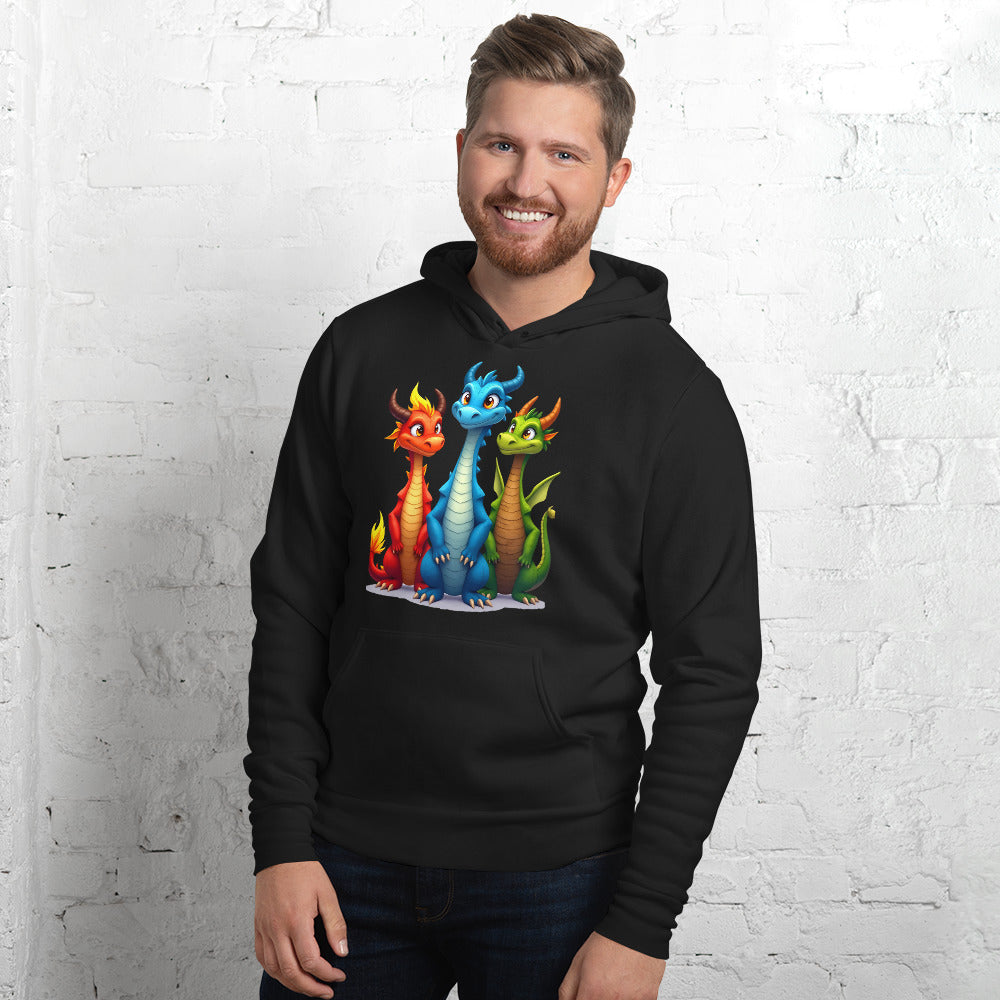 Unisex hoodie - Cute Dino Trio Hoodie – Smiling Blue Red Green Dinosaurs Photo Pose Sweatshirt by printfluence.net