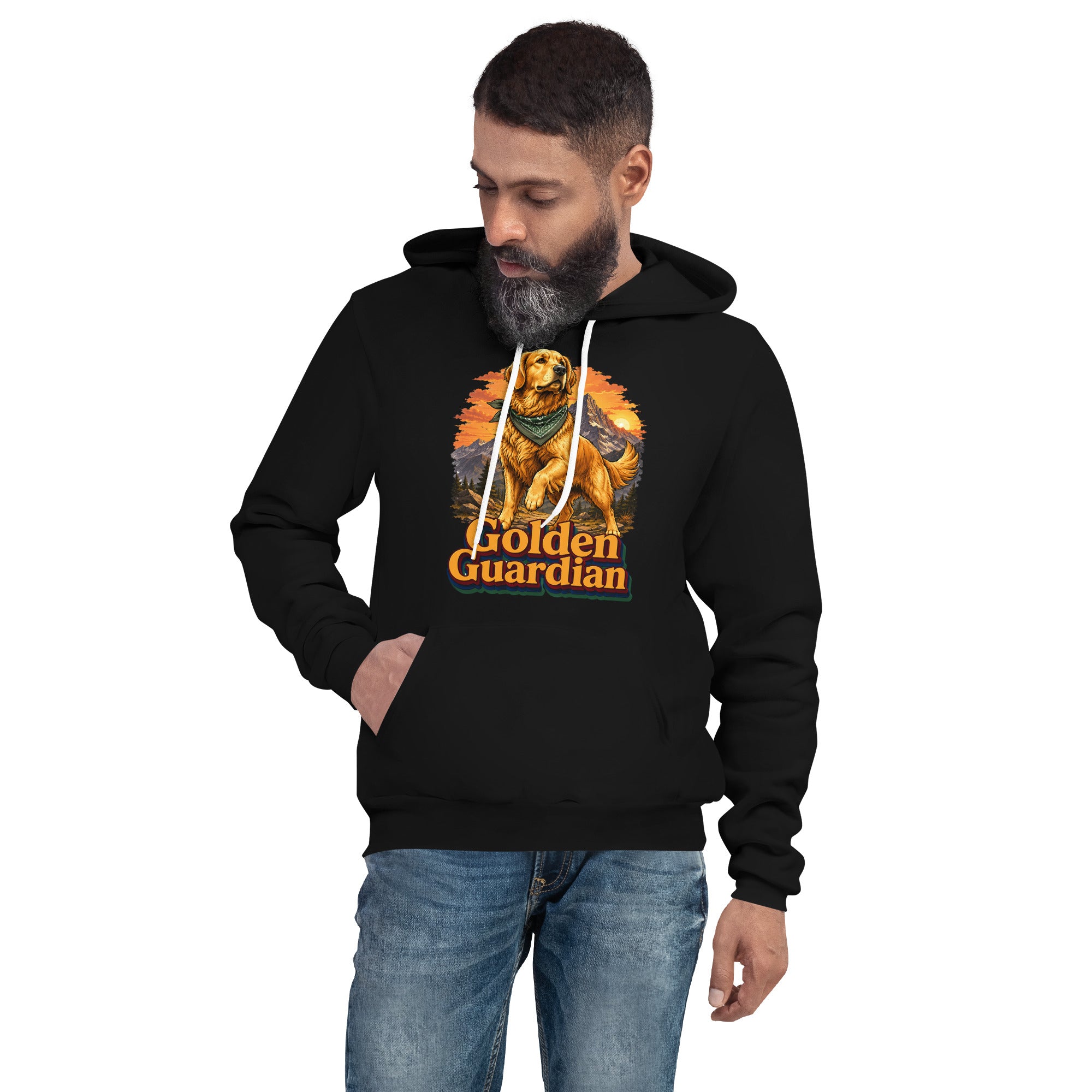 Golden Retriever Lovers Unisex Pullover Hoodie — "Golden Guardian" Mountain Explorer Dog Design by printfluence.net