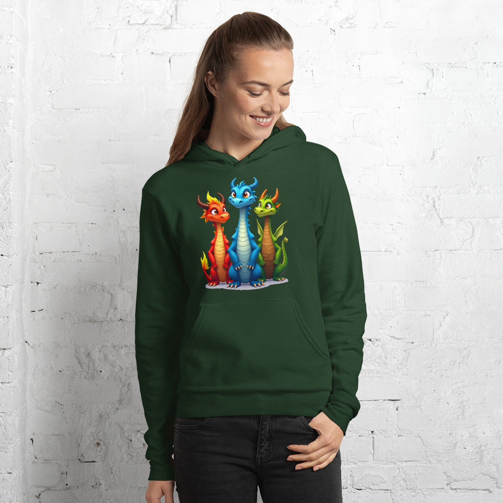 Unisex hoodie - Cute Dino Trio Hoodie – Smiling Blue Red Green Dinosaurs Photo Pose Sweatshirt by printfluence.net