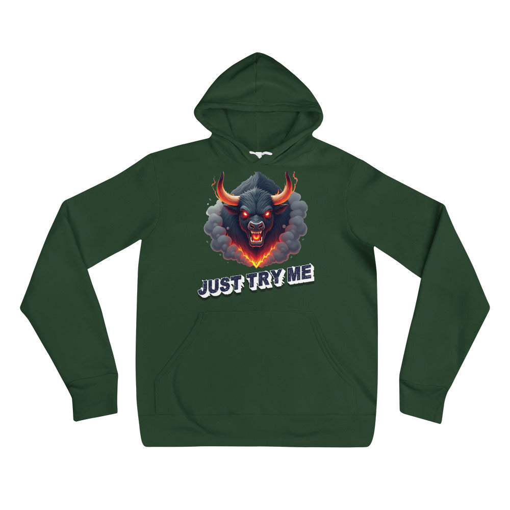 Unisex hoodie - Just Try Me Bull Unisex Hoodie – Fearless Power for Elite Warriors by printfluence.net