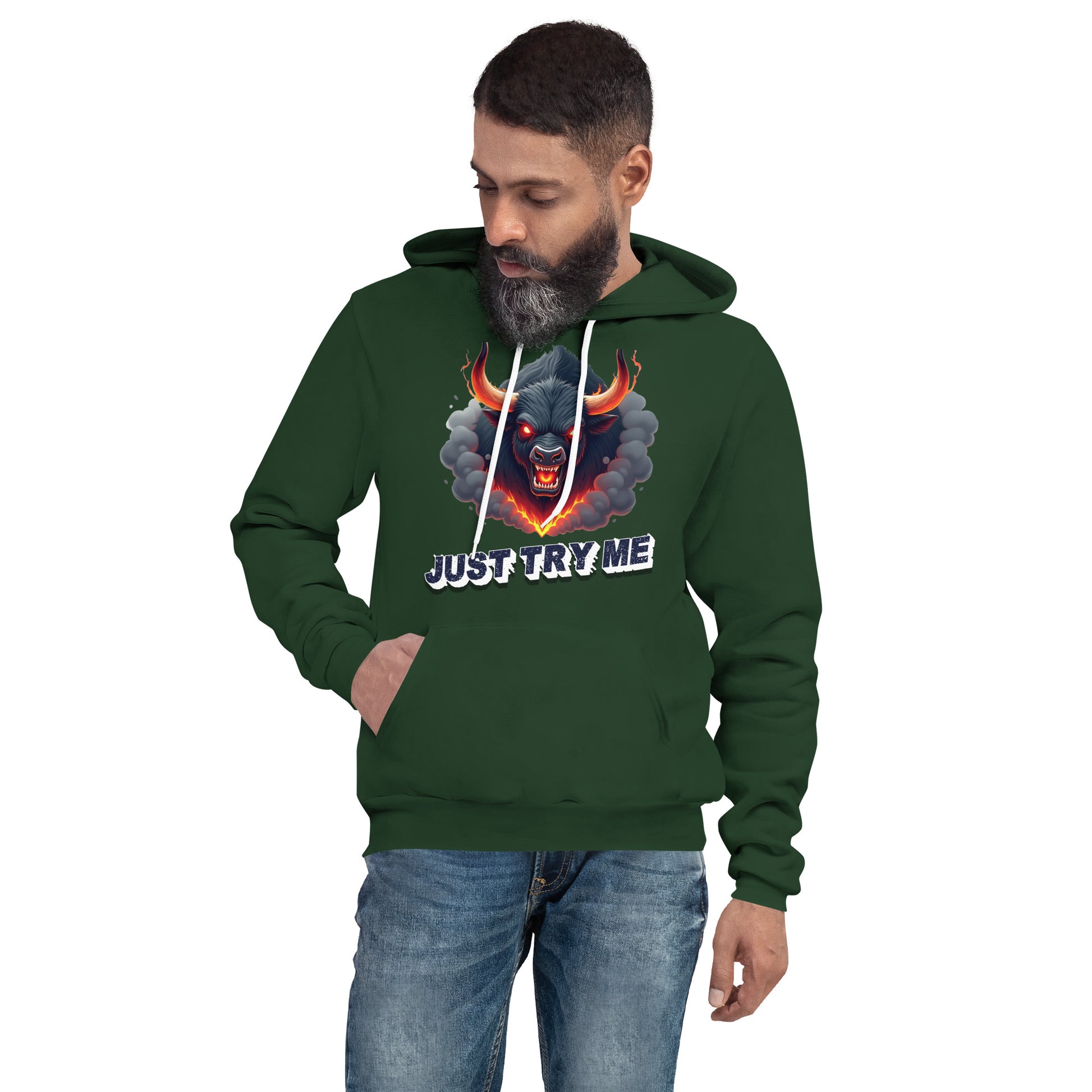 Unisex hoodie - Just Try Me Bull Unisex Hoodie – Fearless Power for Elite Warriors by printfluence.net
