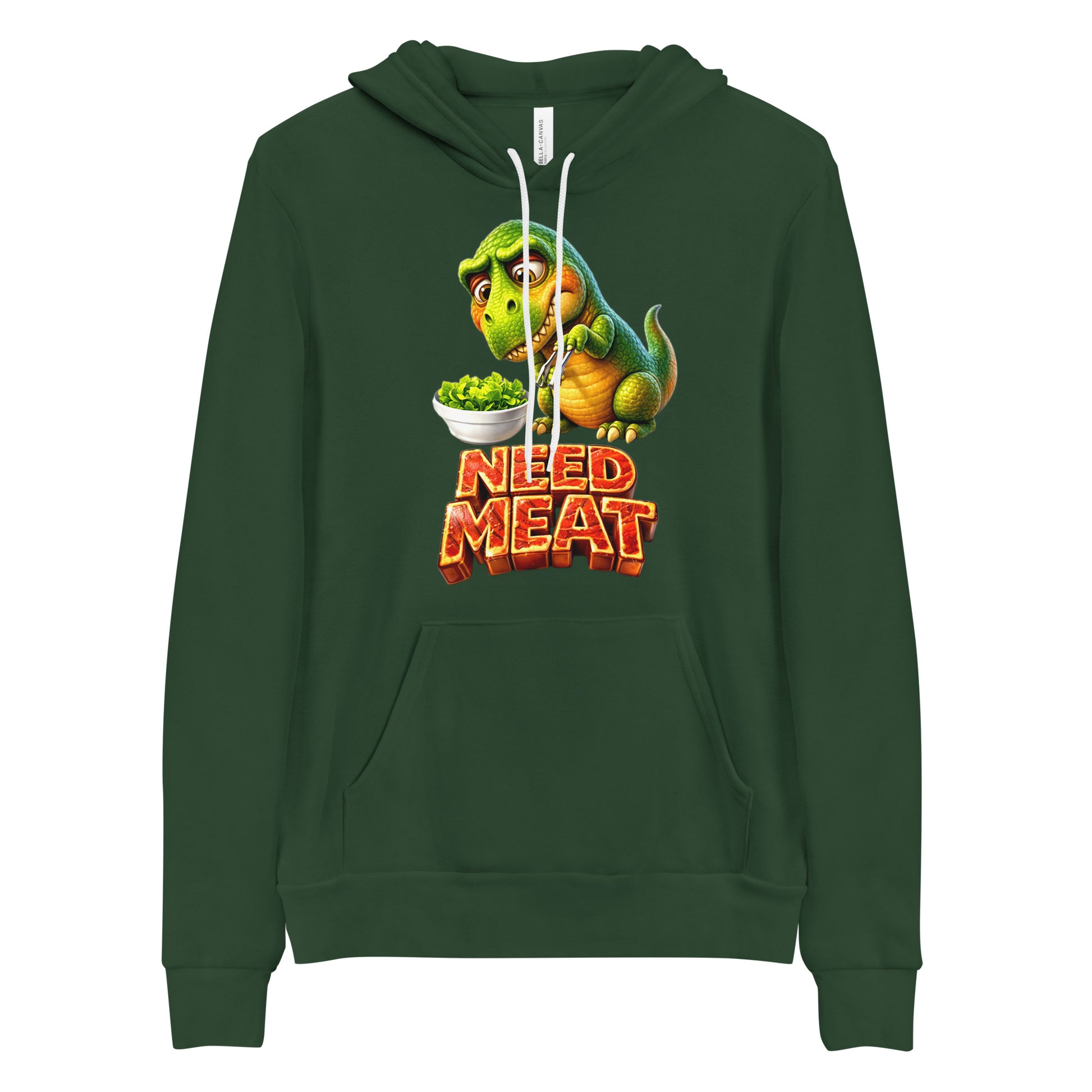 Unisex hoodie - The Hungry Dino: "Need Meat" Funny Unisex Pullover Hoodie 🦖🔥 by printfluence.net