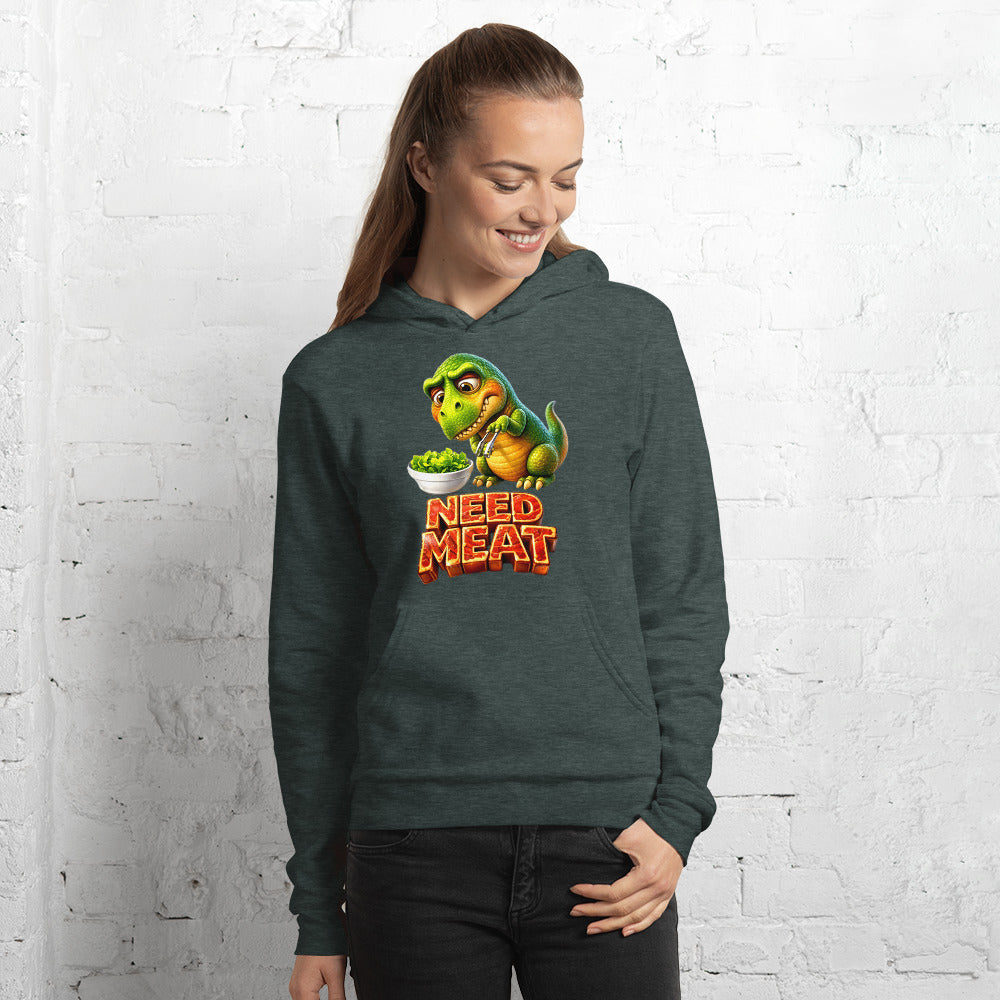 Unisex hoodie - The Hungry Dino: "Need Meat" Funny Unisex Pullover Hoodie 🦖🔥 by printfluence.net