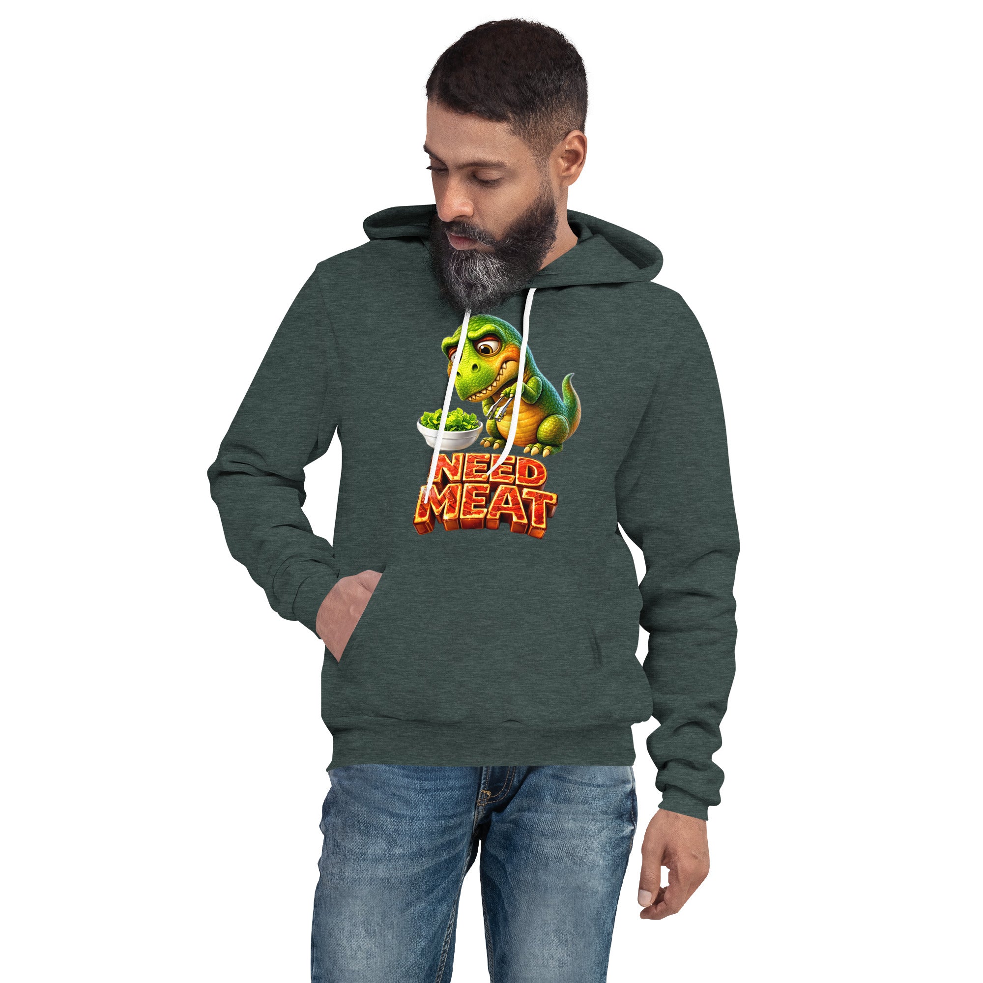 Unisex hoodie - The Hungry Dino: "Need Meat" Funny Unisex Pullover Hoodie 🦖🔥 by printfluence.net