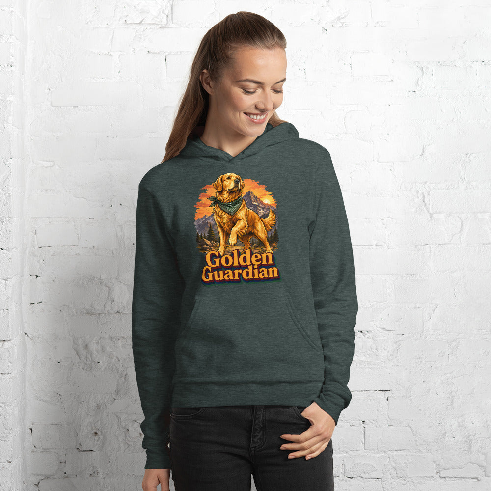 Golden Retriever Lovers Unisex Pullover Hoodie — "Golden Guardian" Mountain Explorer Dog Design by printfluence.net