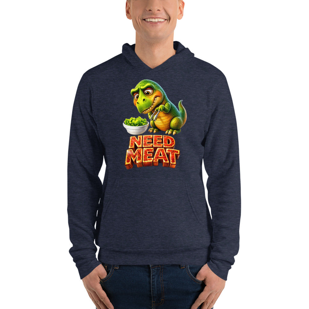 Unisex hoodie - The Hungry Dino: "Need Meat" Funny Unisex Pullover Hoodie 🦖🔥 by printfluence.net