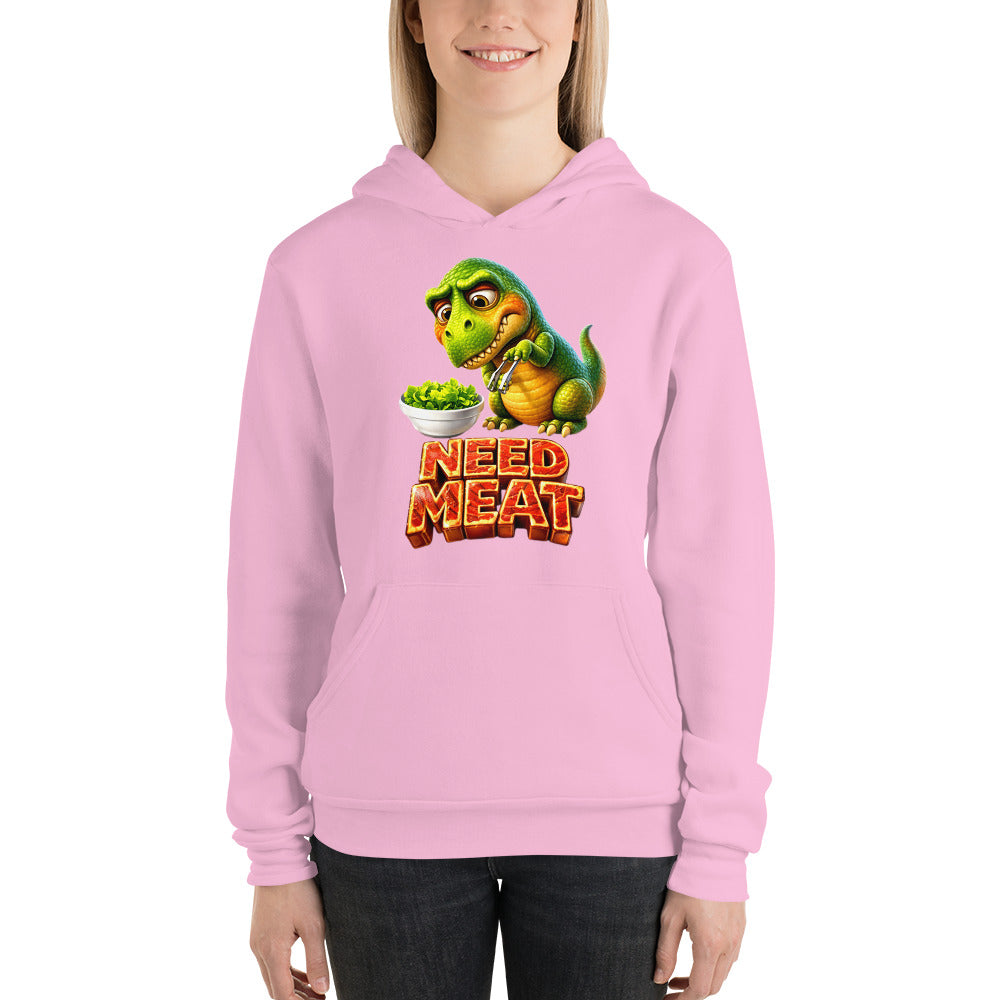 Unisex hoodie - The Hungry Dino: "Need Meat" Funny Unisex Pullover Hoodie 🦖🔥 by printfluence.net