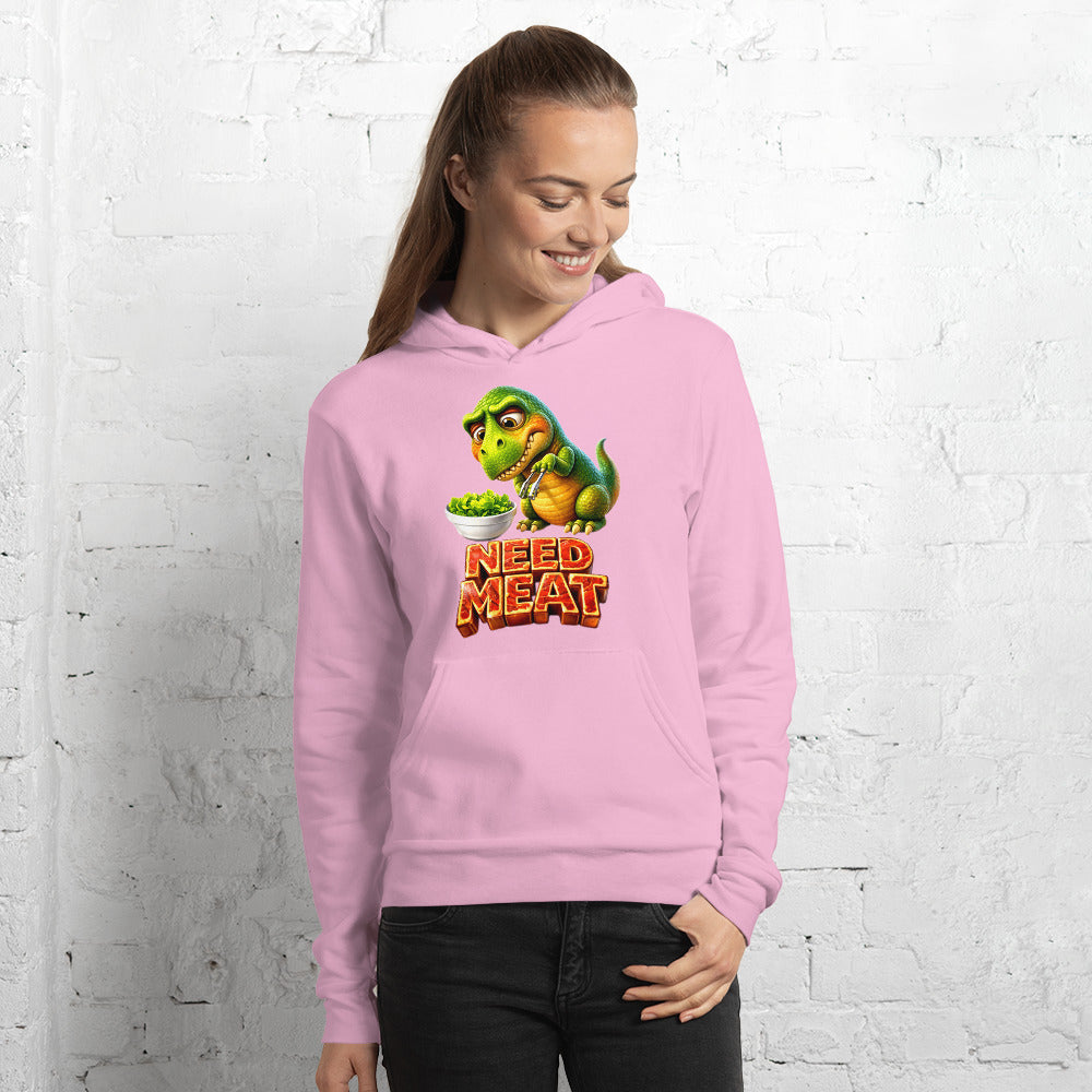 Unisex hoodie - The Hungry Dino: "Need Meat" Funny Unisex Pullover Hoodie 🦖🔥 by printfluence.net