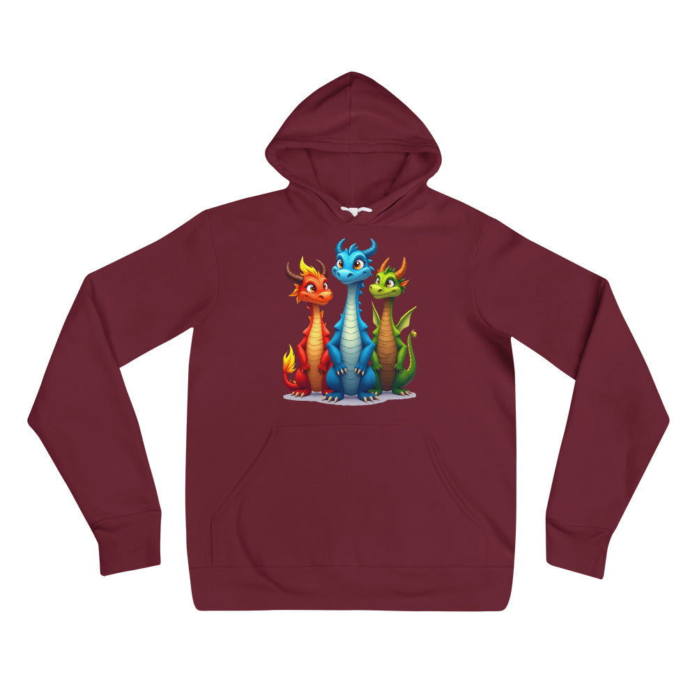 Unisex hoodie - Cute Dino Trio Hoodie – Smiling Blue Red Green Dinosaurs Photo Pose Sweatshirt by printfluence.net