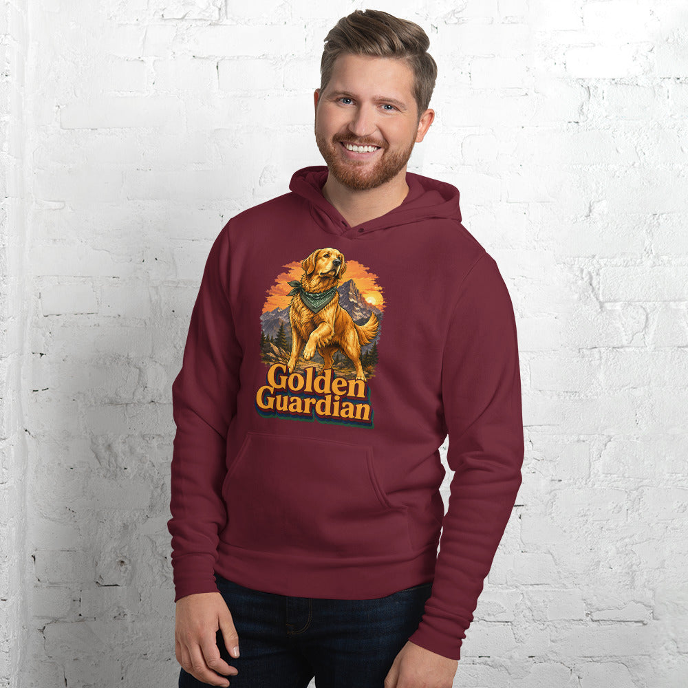 Golden Retriever Lovers Unisex Pullover Hoodie — "Golden Guardian" Mountain Explorer Dog Design by printfluence.net