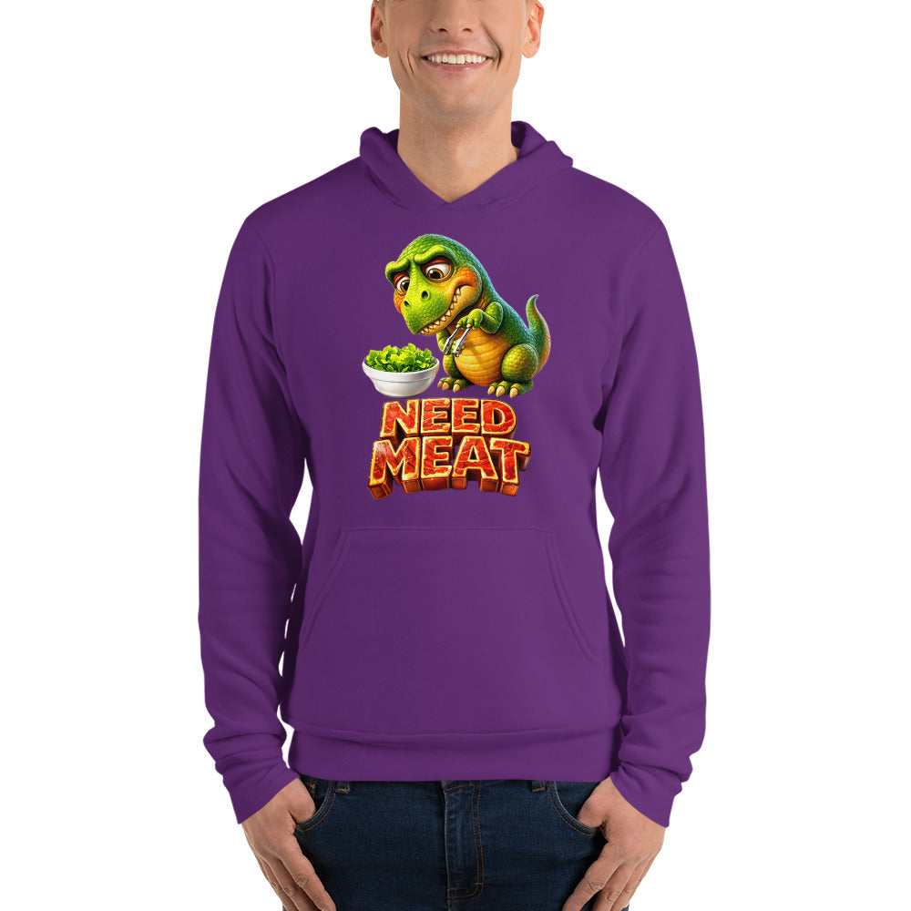 Unisex hoodie - The Hungry Dino: "Need Meat" Funny Unisex Pullover Hoodie 🦖🔥 by printfluence.net