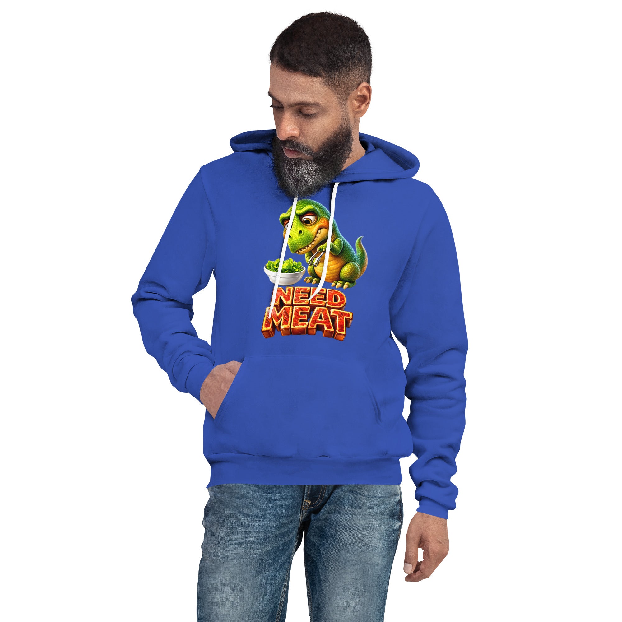 Unisex hoodie - The Hungry Dino: "Need Meat" Funny Unisex Pullover Hoodie 🦖🔥 by printfluence.net