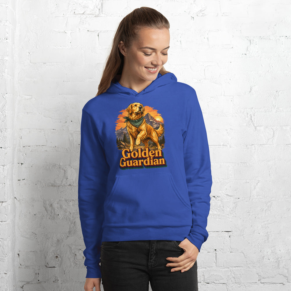 Golden Retriever Lovers Unisex Pullover Hoodie — "Golden Guardian" Mountain Explorer Dog Design by printfluence.net