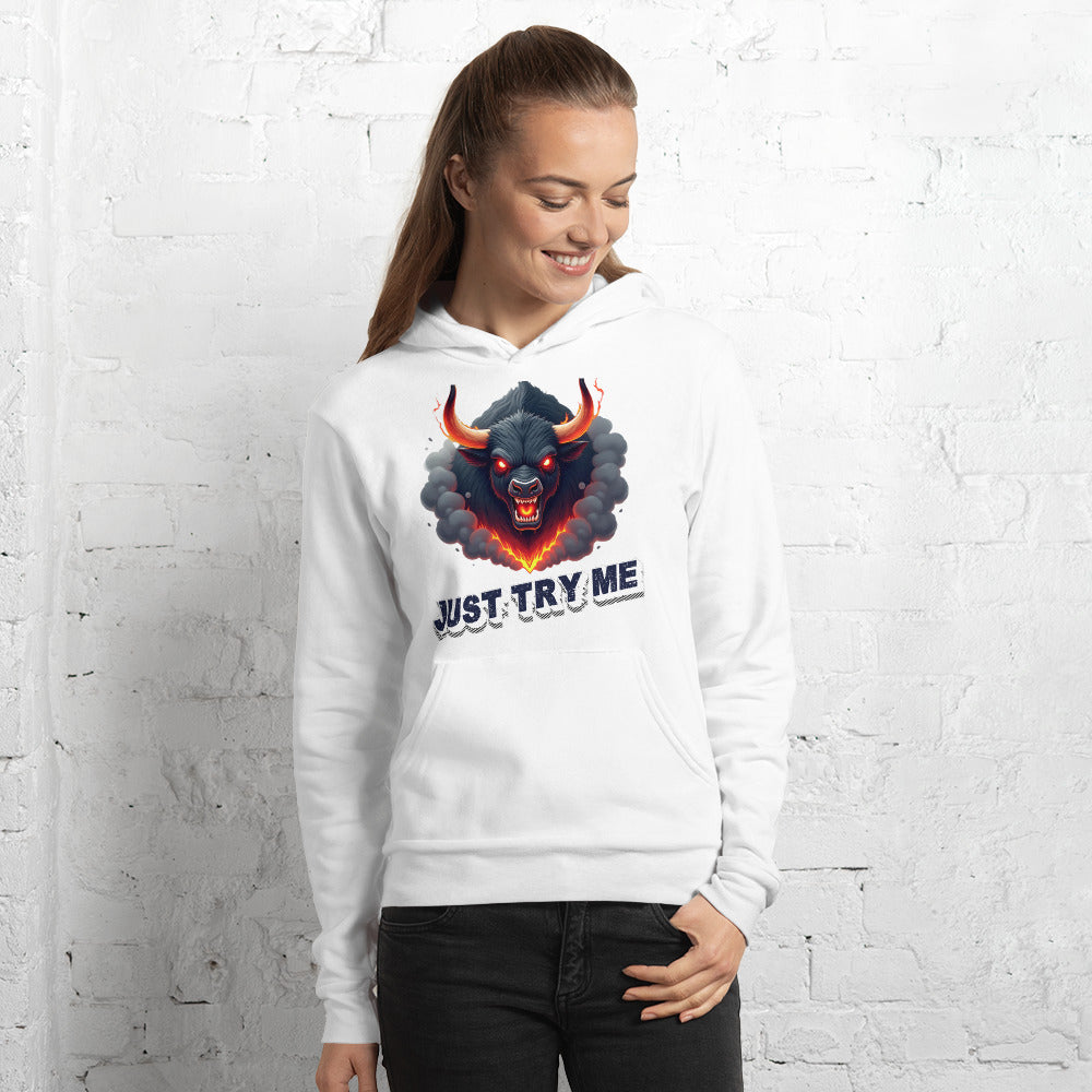 Unisex hoodie - Just Try Me Bull Unisex Hoodie – Fearless Power for Elite Warriors by printfluence.net