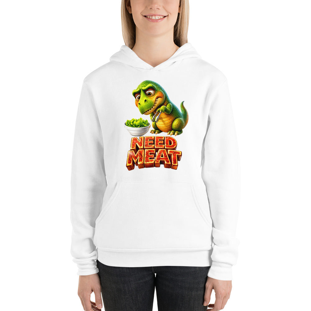Unisex hoodie - The Hungry Dino: "Need Meat" Funny Unisex Pullover Hoodie 🦖🔥 by printfluence.net