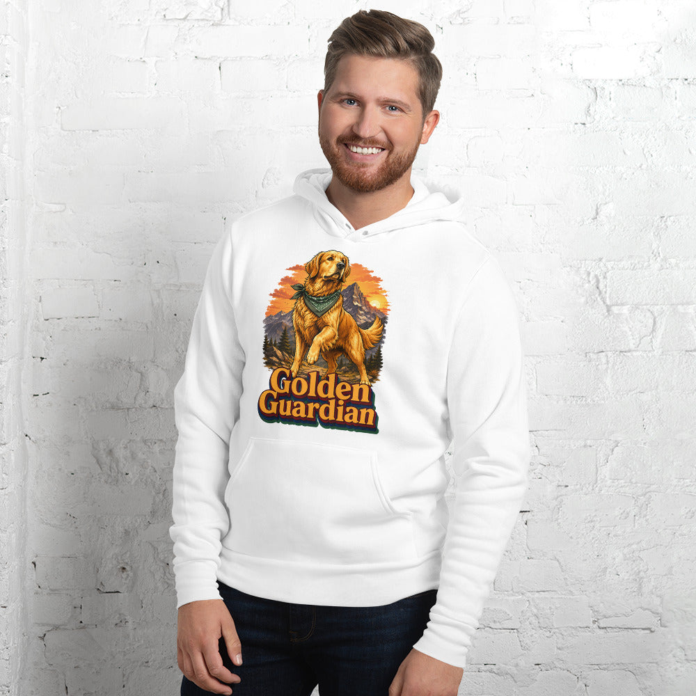 Golden Retriever Lovers Unisex Pullover Hoodie — "Golden Guardian" Mountain Explorer Dog Design by printfluence.net