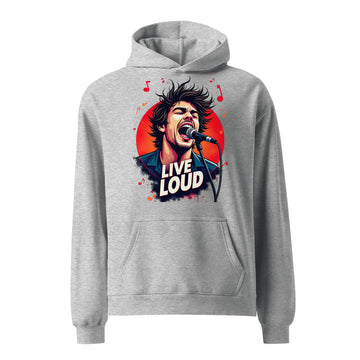 Unisex oversized hoodie - Live Loud Oversized Hoodie – Unisex Rock Singer Graffiti Concert Tee by printfluence.net