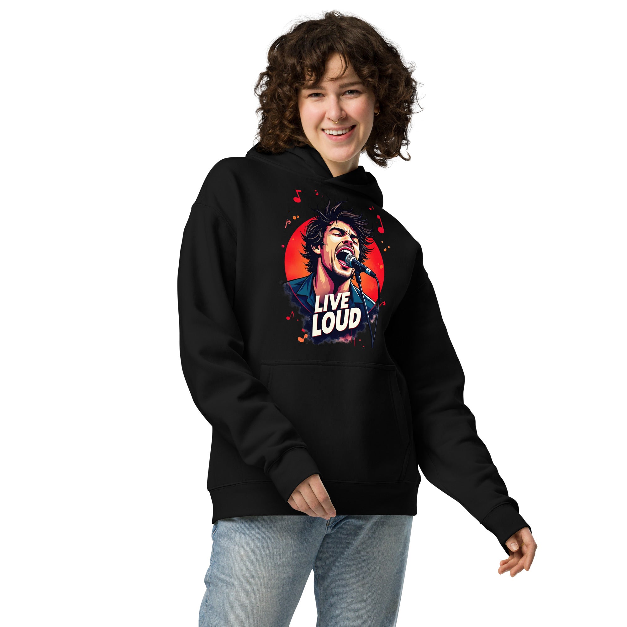 Unisex oversized hoodie - Live Loud Oversized Hoodie – Unisex Rock Singer Graffiti Concert Tee by printfluence.net