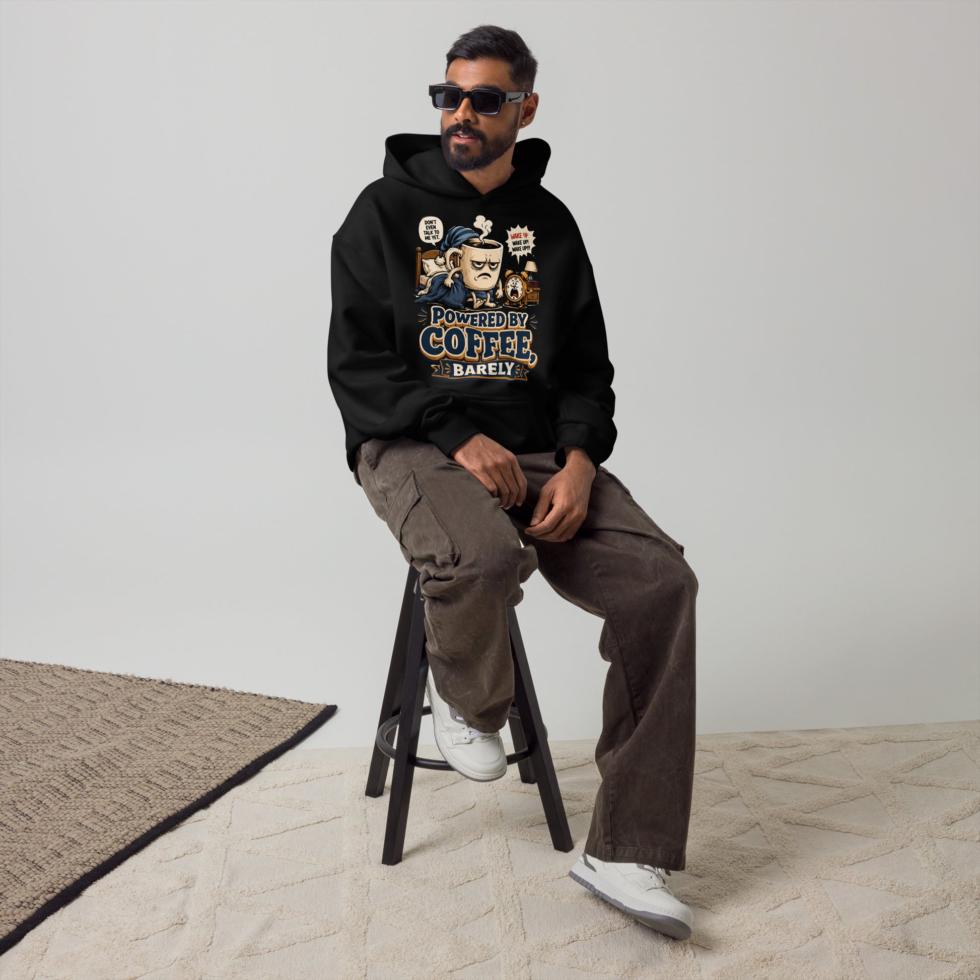 Coffee Lovers Unisex Oversized Hoodie - Powered By Coffee, Barely! by printfluence.net