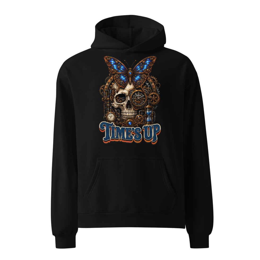 Horror and Mystery Lovers Unisex Oversized Hoodie — "Time's Up" Mechanical Butterfly Skull Design by printfluence.net