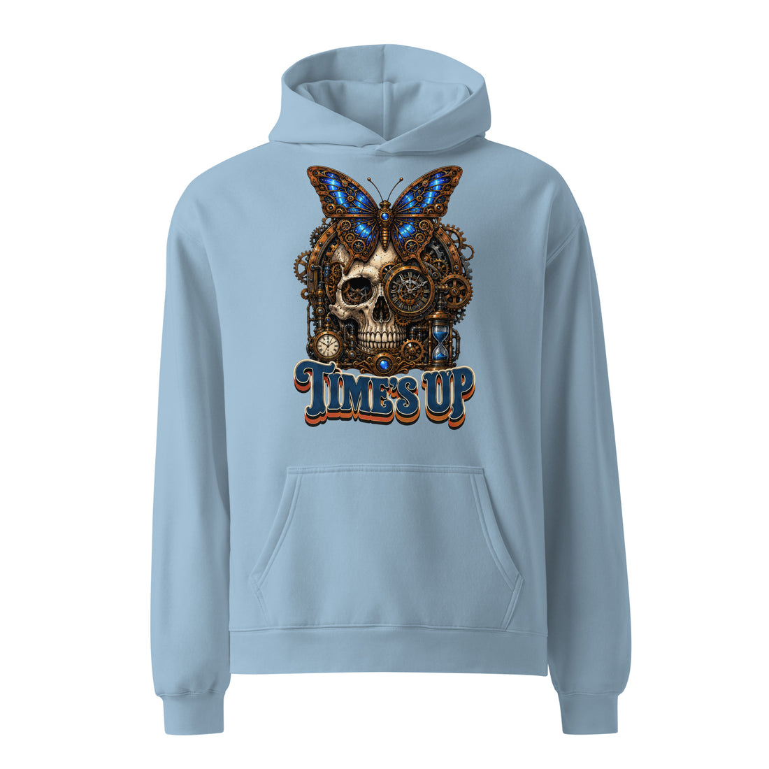 Horror and Mystery Lovers Unisex Oversized Hoodie — "Time's Up" Mechanical Butterfly Skull Design by printfluence.net