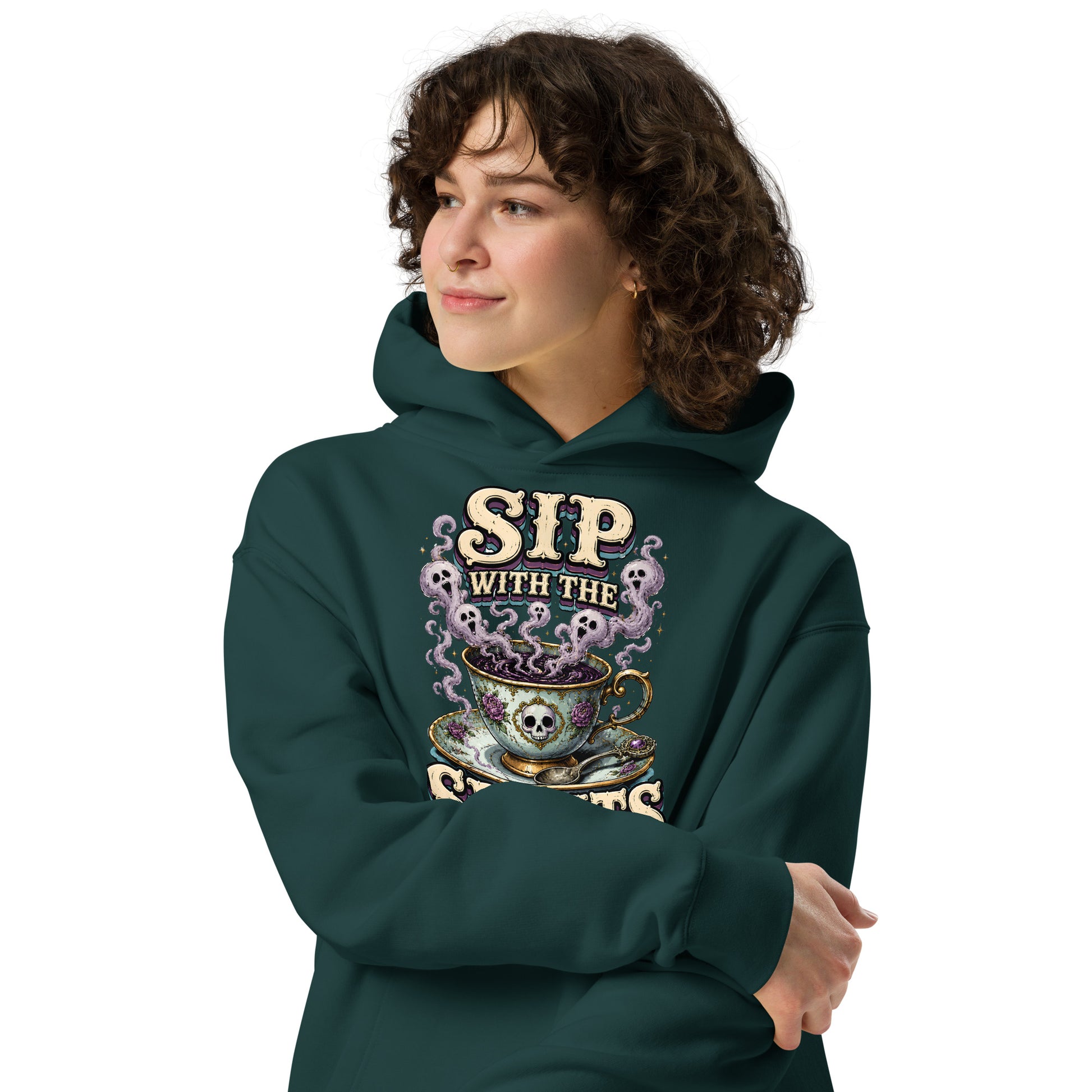 Sip with the Spirits Oversized Hoodie - Gothic Horror & Mystery Pullover by printfluence.net