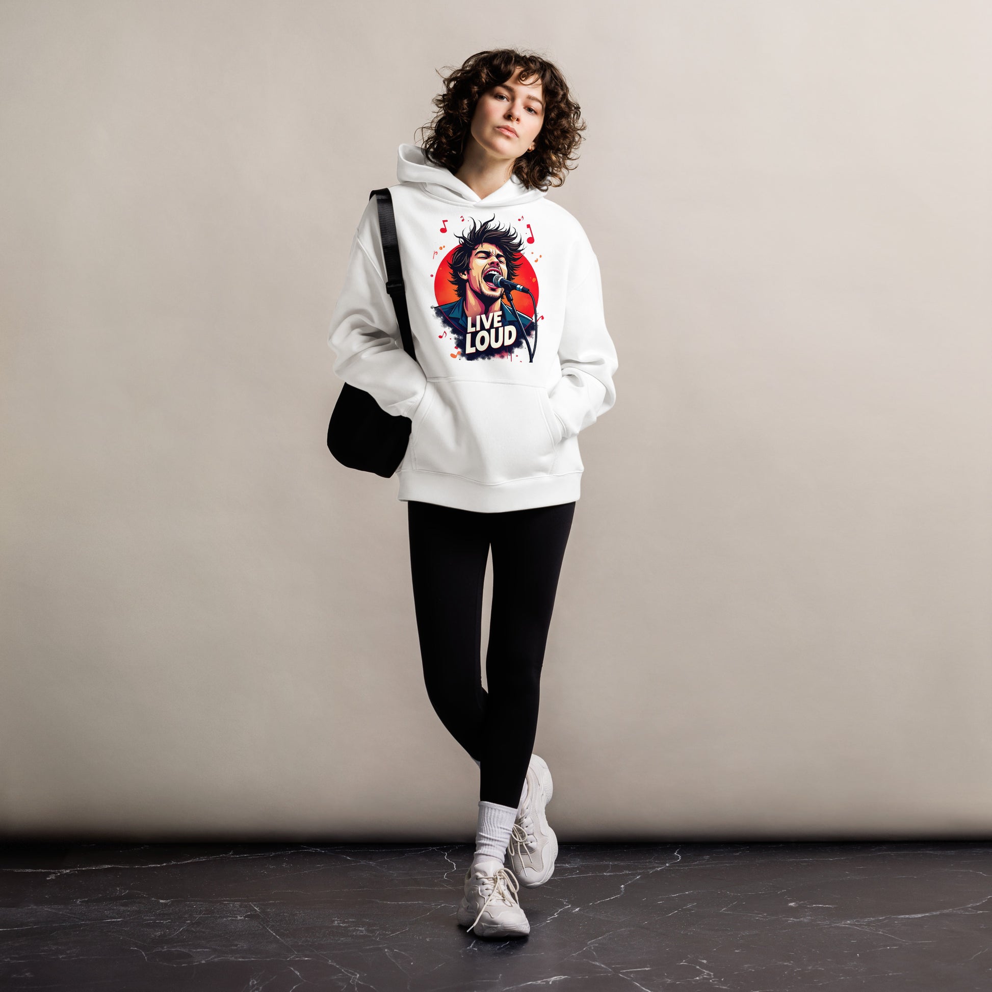 Unisex oversized hoodie - Live Loud Oversized Hoodie – Unisex Rock Singer Graffiti Concert Tee by printfluence.net