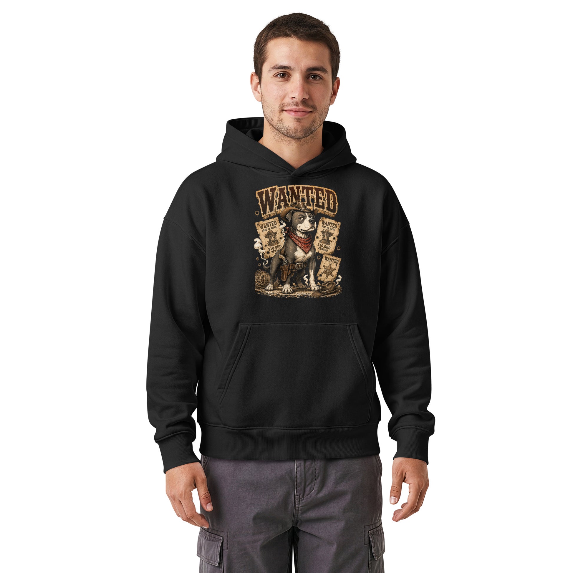 Pitbull Lovers | Unisex Relaxed Mid-Weight Hooded Sweatshirt - Wanted Outlaw Bounty Dog by printfluence.net