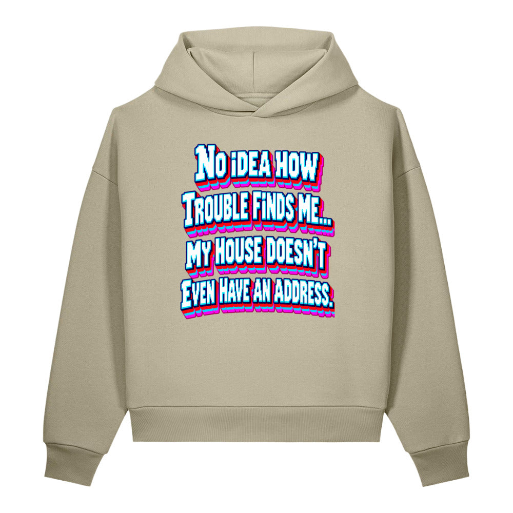 Sarcastic Humor Lovers | Unisex Sculpted Heavyweight Hoodie — No Idea How Trouble Finds Me... My House Doesn’t Even Have An Address. by printfluence