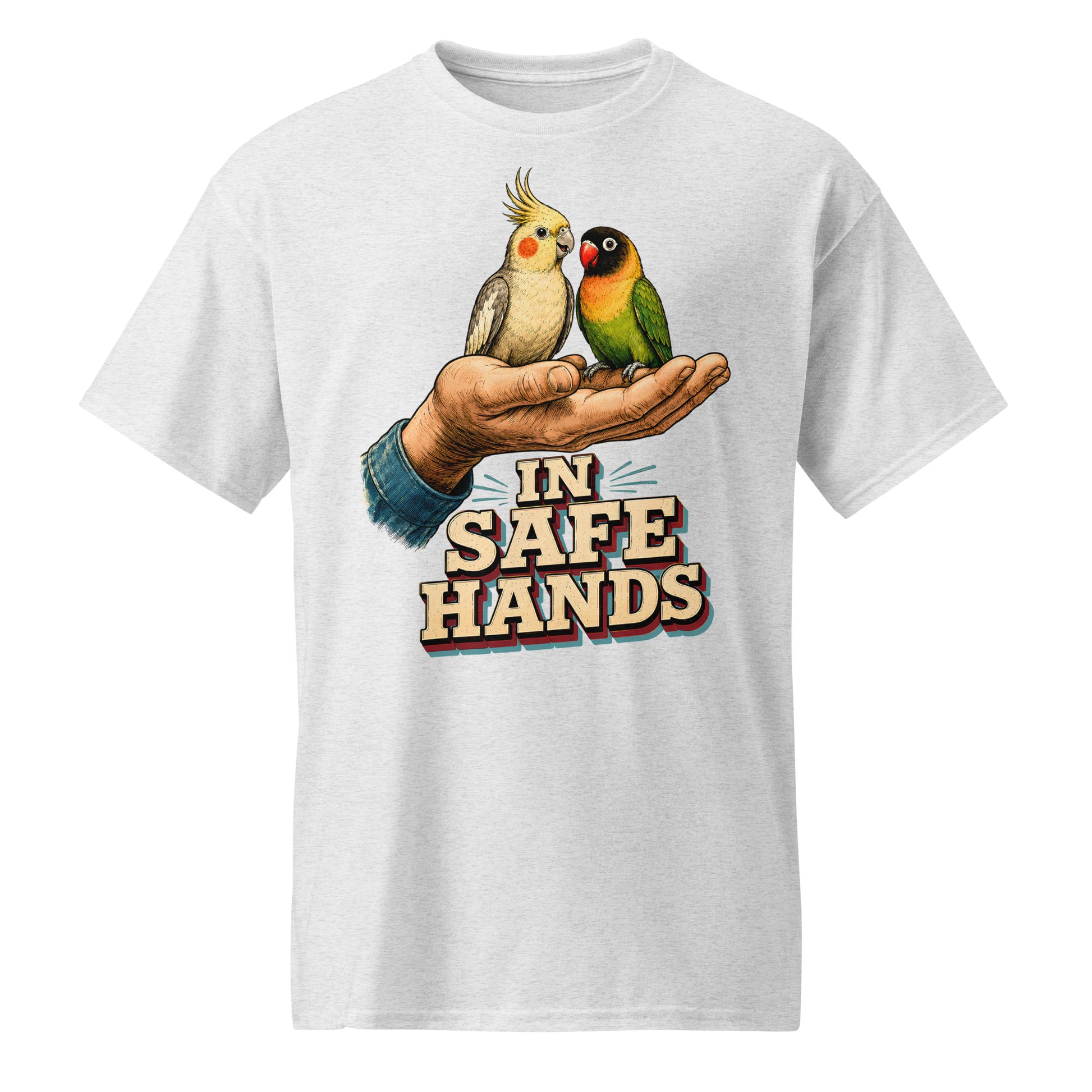 In Safe Hands DryBlend T-Shirt - Retro Cockatiel & Lovebird Parrot Lovers Tee T-7 by printfluence.net