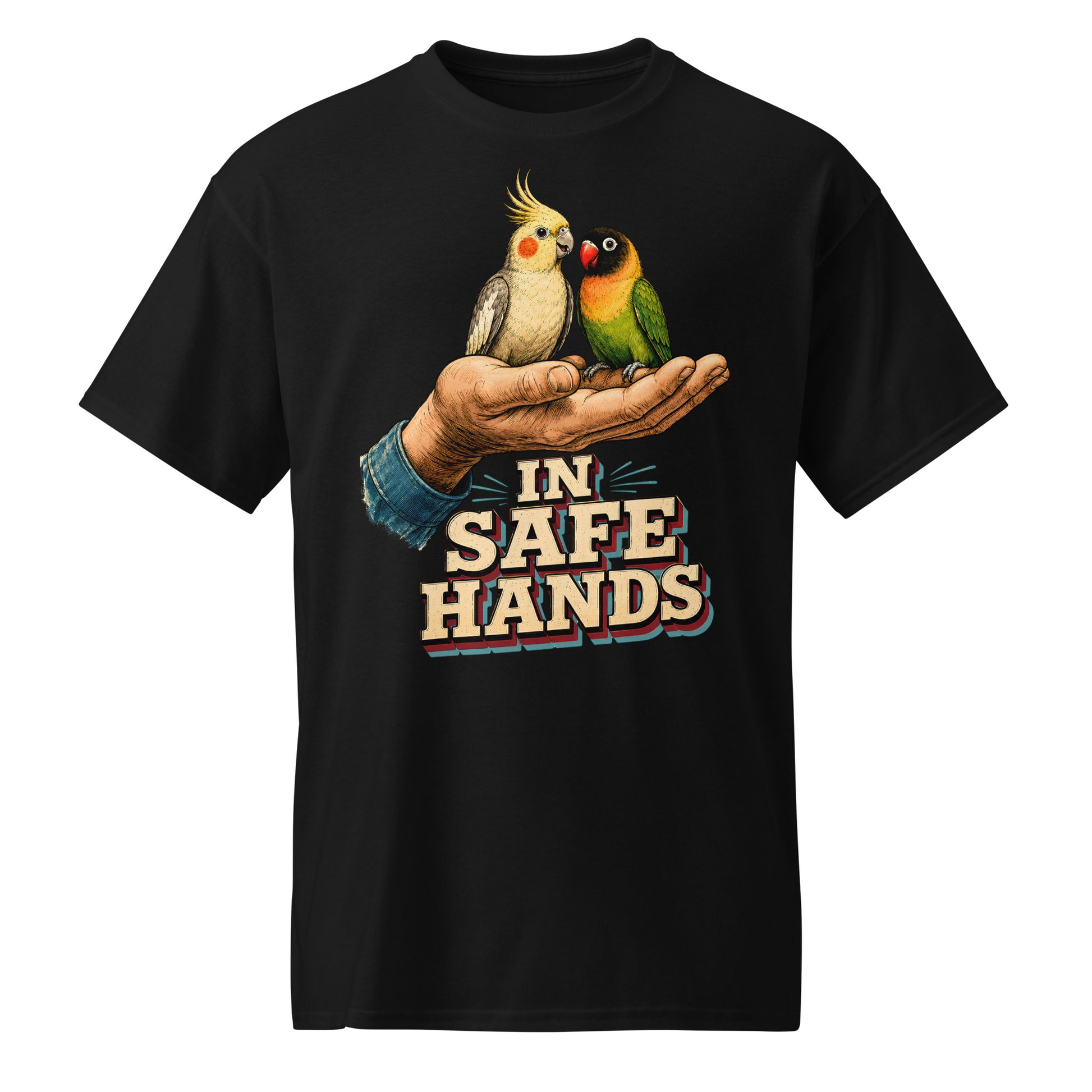 In Safe Hands DryBlend T-Shirt - Retro Cockatiel & Lovebird Parrot Lovers Tee T-7 by printfluence.net