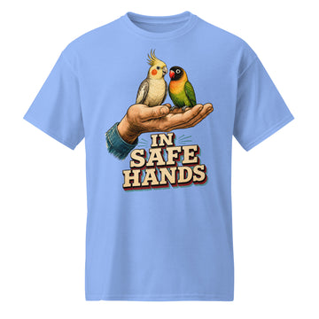 In Safe Hands DryBlend T-Shirt - Retro Cockatiel & Lovebird Parrot Lovers Tee T-7 by printfluence.net