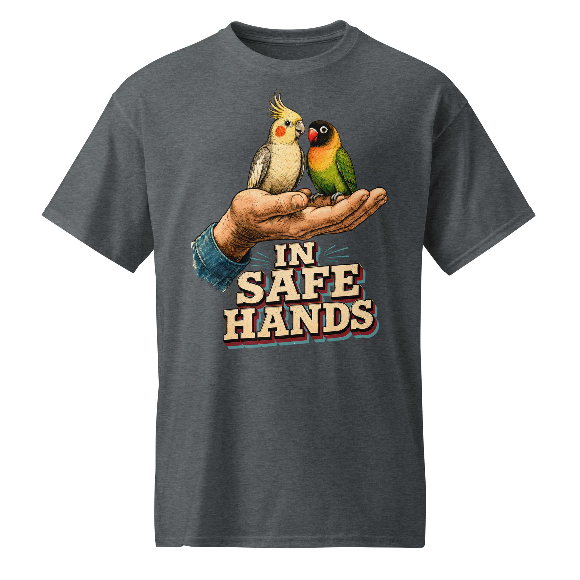 In Safe Hands DryBlend T-Shirt - Retro Cockatiel & Lovebird Parrot Lovers Tee T-7 by printfluence.net