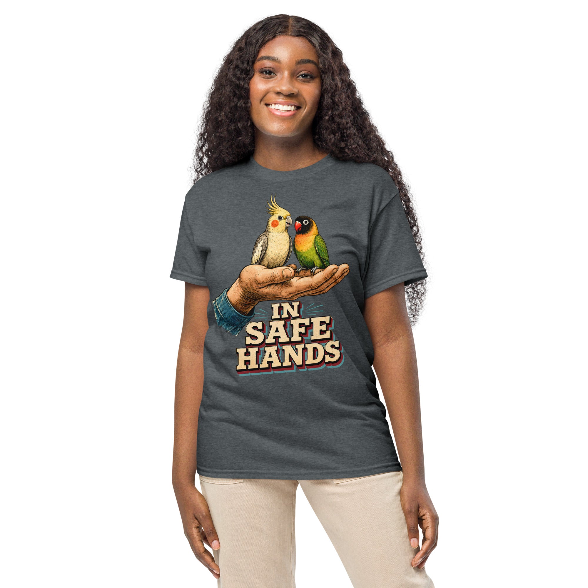 In Safe Hands DryBlend T-Shirt - Retro Cockatiel & Lovebird Parrot Lovers Tee T-7 by printfluence.net