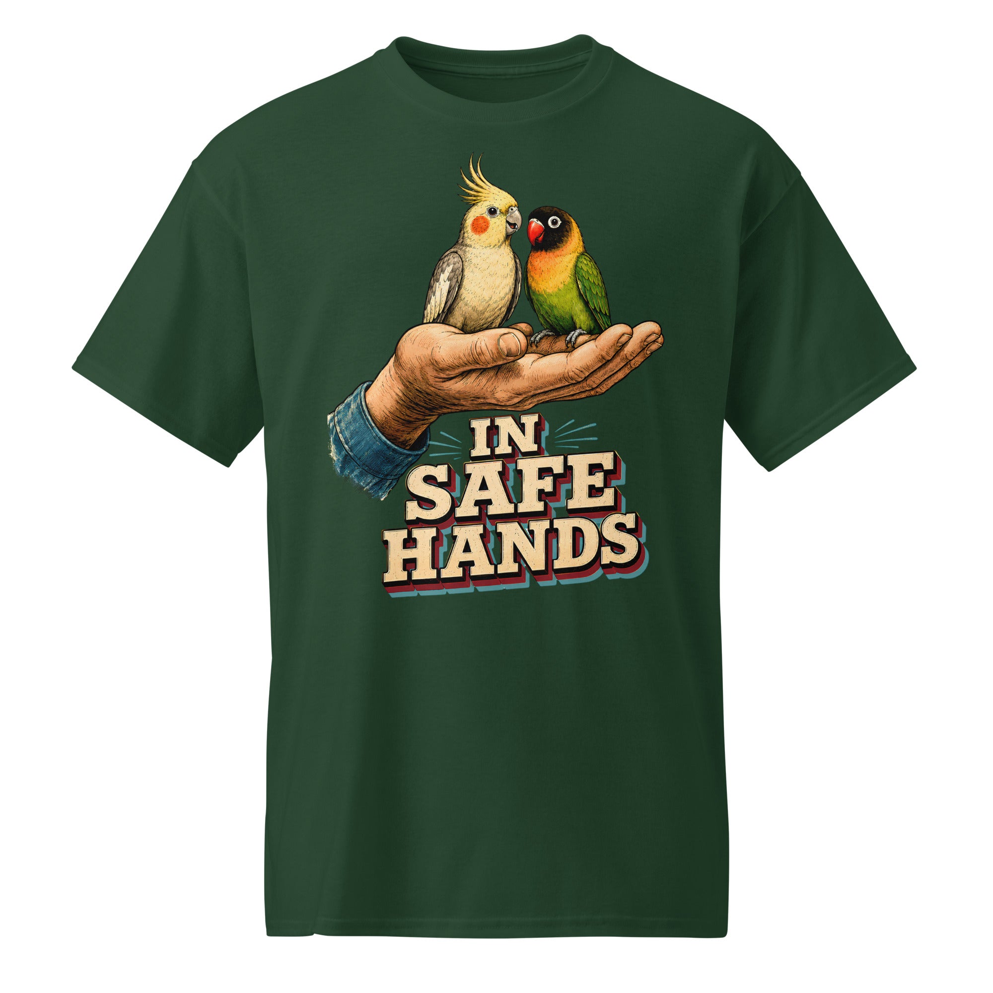 In Safe Hands DryBlend T-Shirt - Retro Cockatiel & Lovebird Parrot Lovers Tee T-7 by printfluence.net