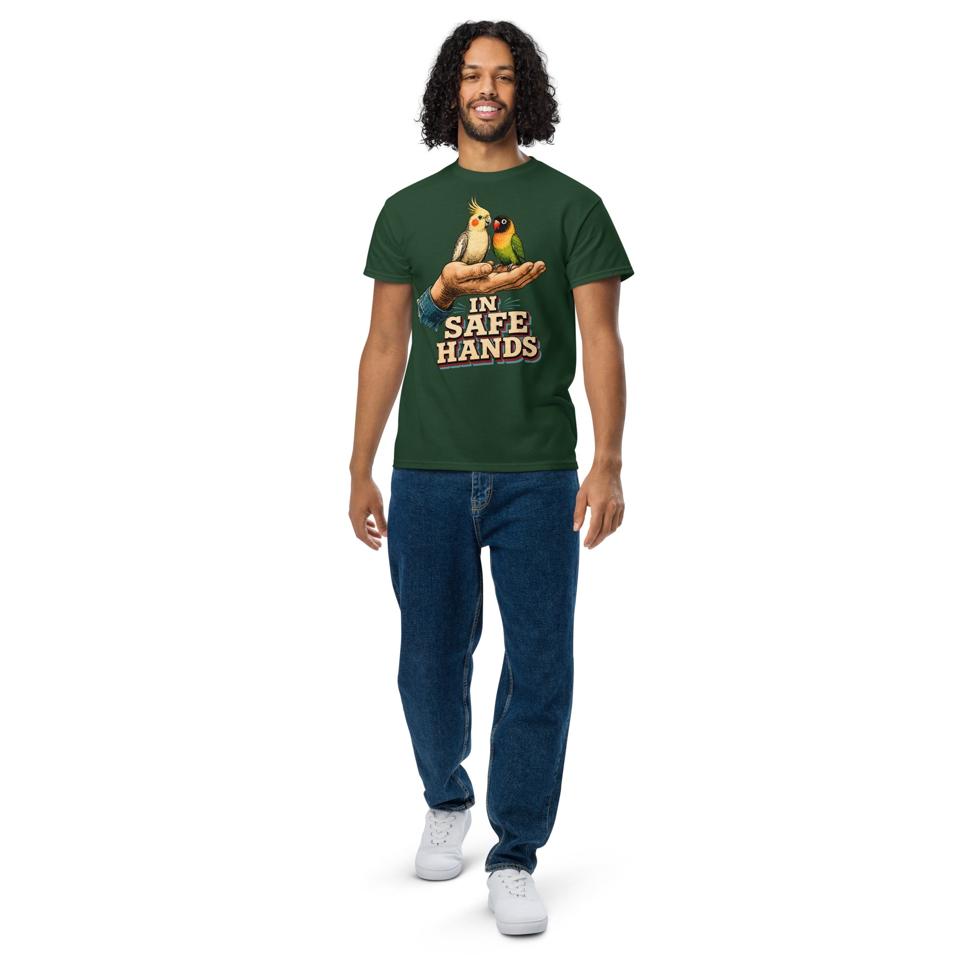 In Safe Hands DryBlend T-Shirt - Retro Cockatiel & Lovebird Parrot Lovers Tee T-7 by printfluence.net
