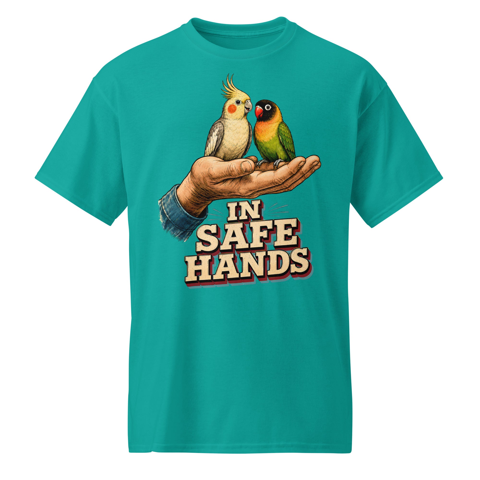 In Safe Hands DryBlend T-Shirt - Retro Cockatiel & Lovebird Parrot Lovers Tee T-7 by printfluence.net