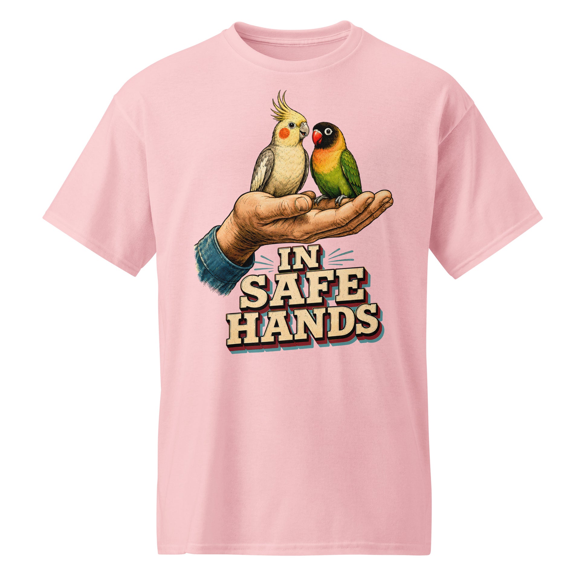 In Safe Hands DryBlend T-Shirt - Retro Cockatiel & Lovebird Parrot Lovers Tee T-7 by printfluence.net