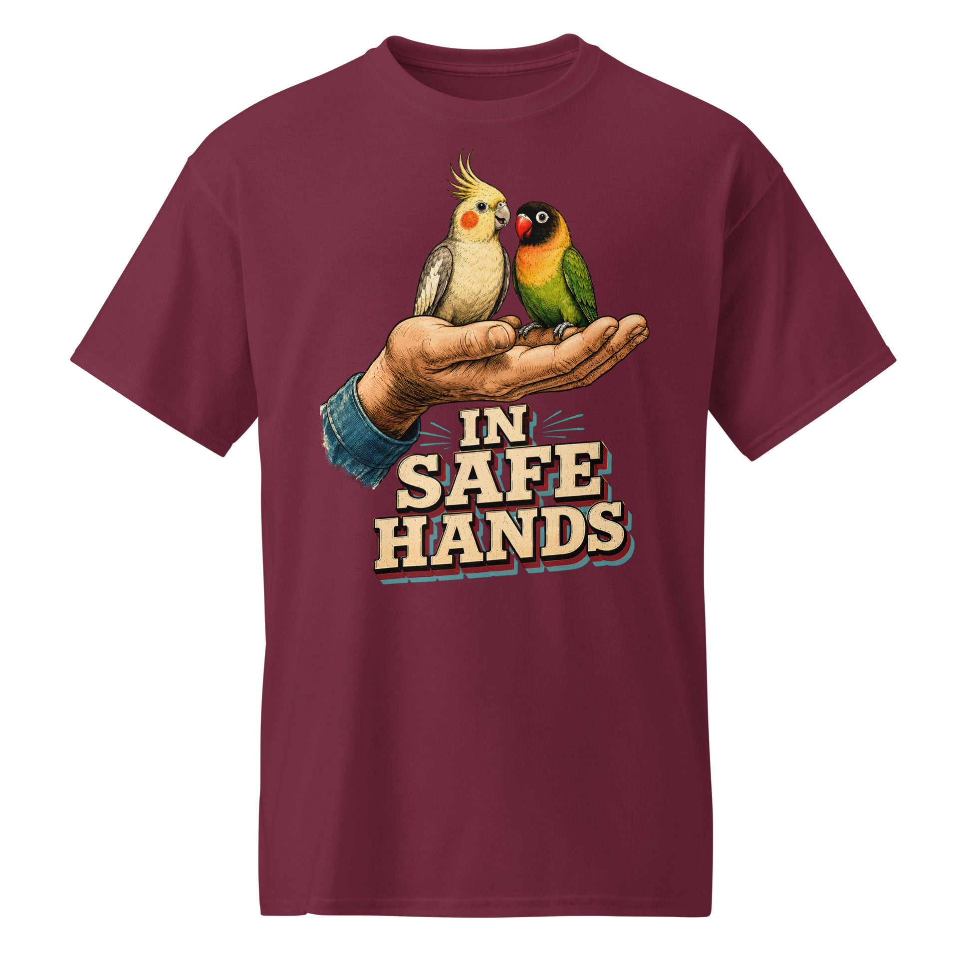 In Safe Hands DryBlend T-Shirt - Retro Cockatiel & Lovebird Parrot Lovers Tee T-7 by printfluence.net