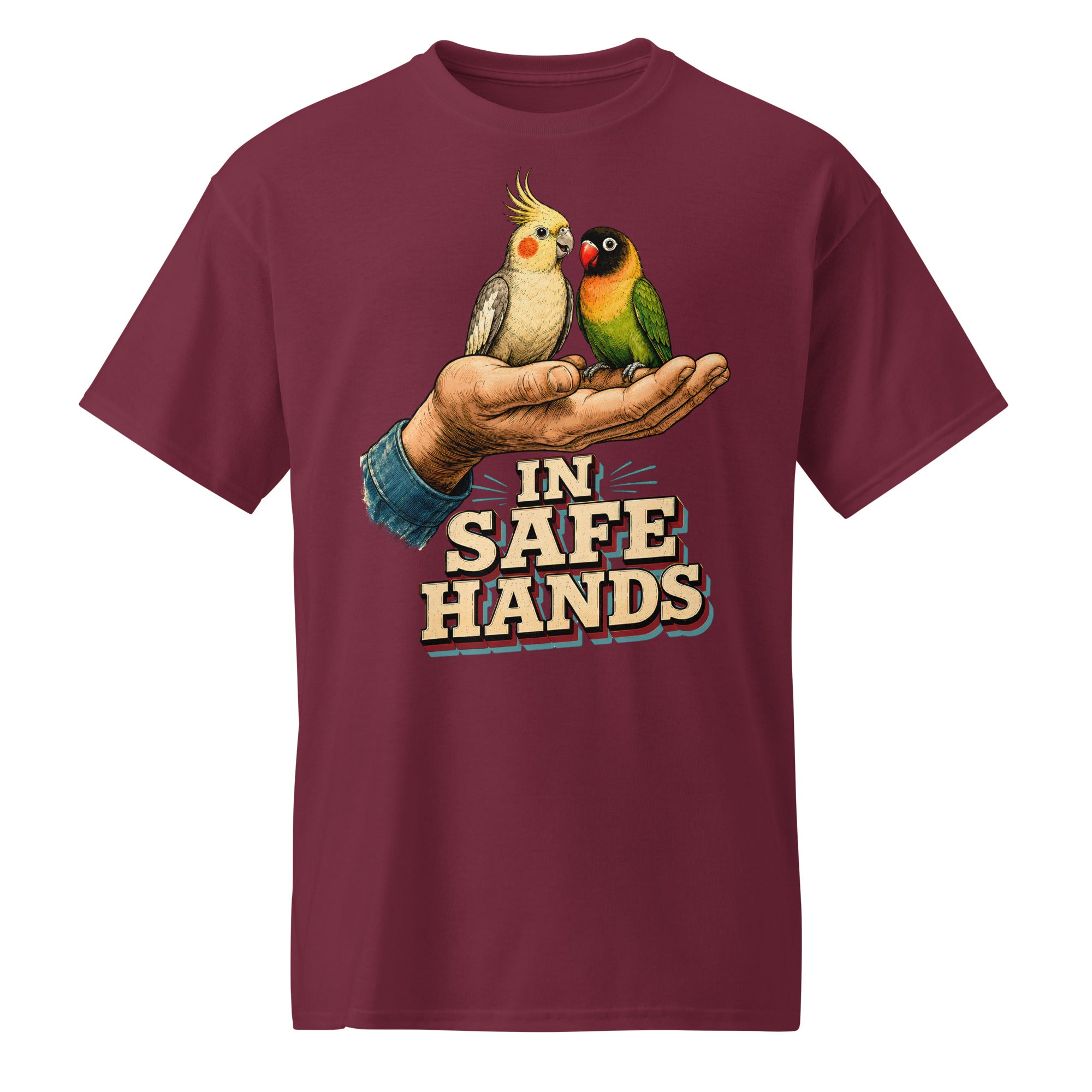 In Safe Hands DryBlend T-Shirt - Retro Cockatiel & Lovebird Parrot Lovers Tee T-7 by printfluence.net