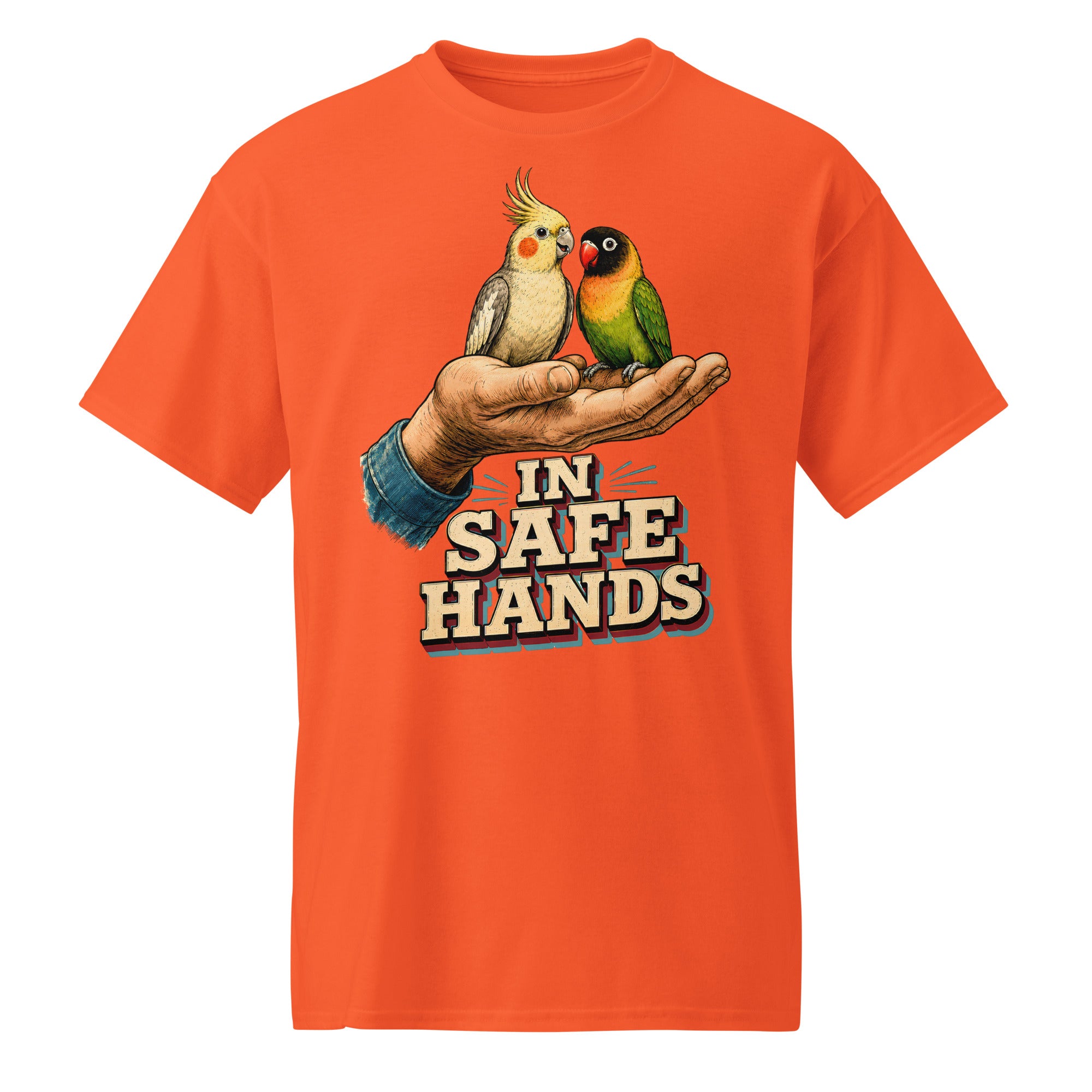 In Safe Hands DryBlend T-Shirt - Retro Cockatiel & Lovebird Parrot Lovers Tee T-7 by printfluence.net