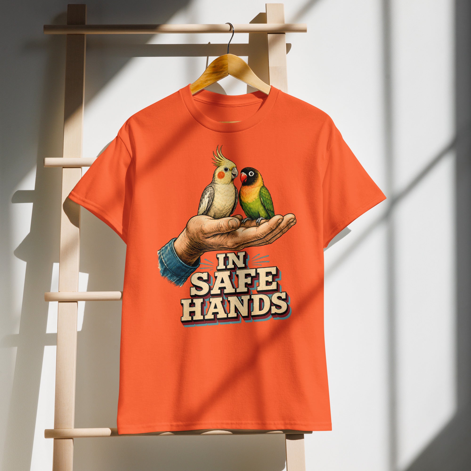 In Safe Hands DryBlend T-Shirt - Retro Cockatiel & Lovebird Parrot Lovers Tee T-7 by printfluence.net