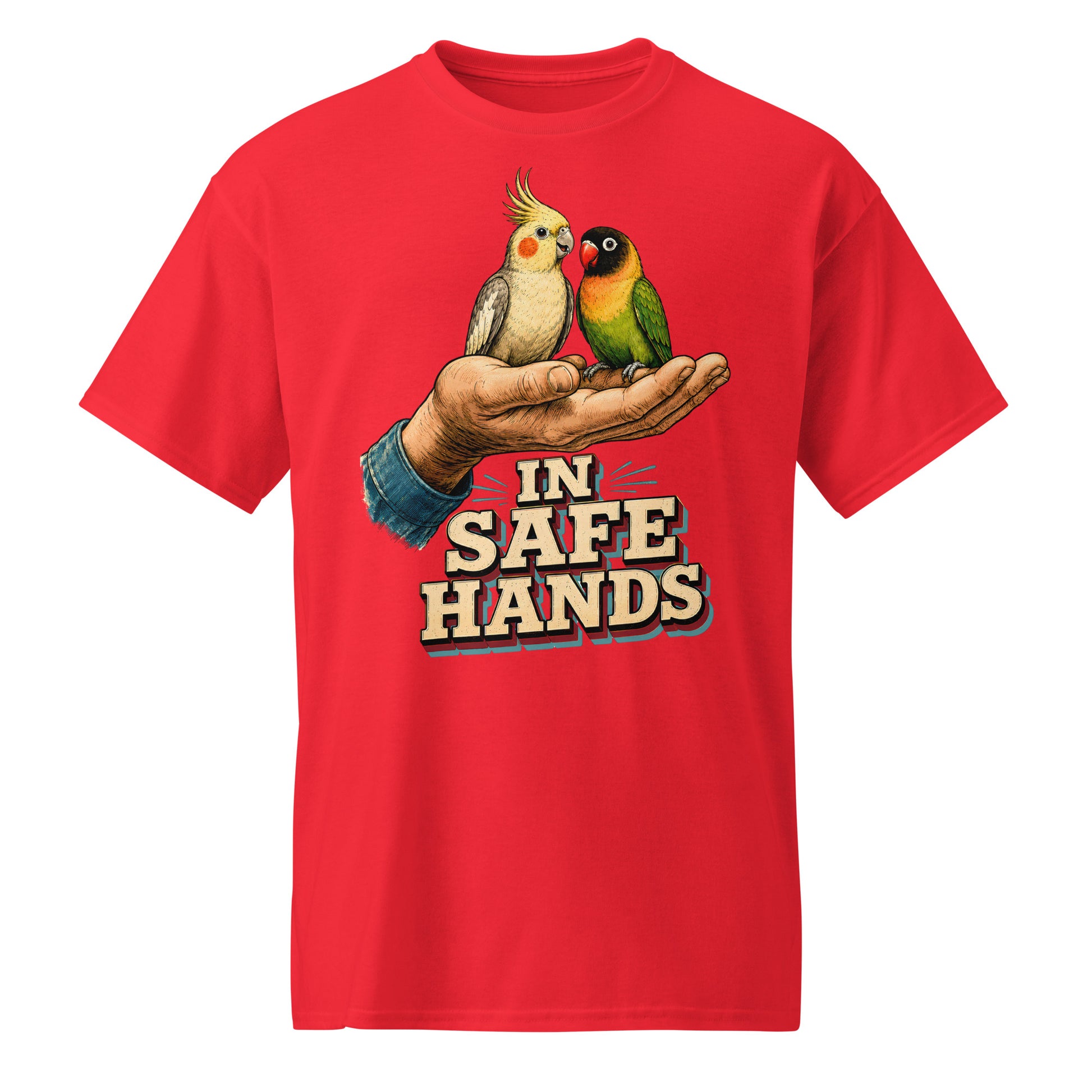 In Safe Hands DryBlend T-Shirt - Retro Cockatiel & Lovebird Parrot Lovers Tee T-7 by printfluence.net